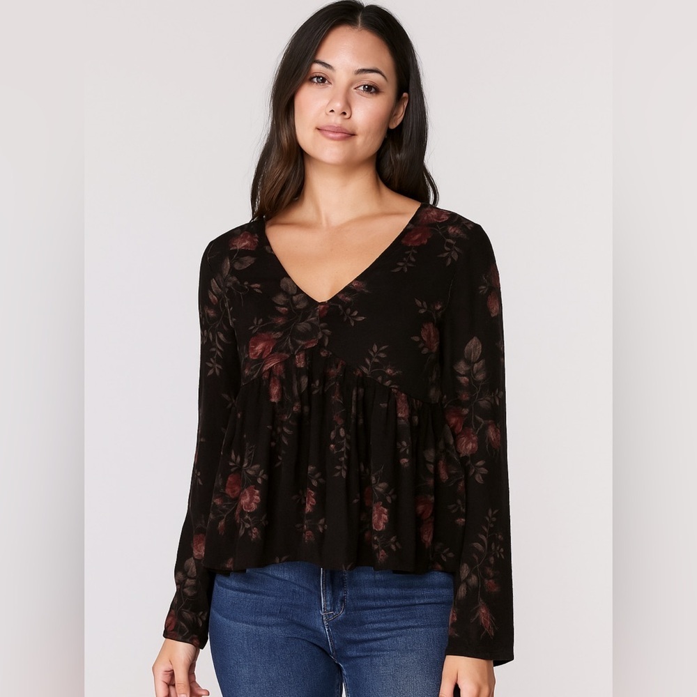 Vtg Denim & Supply Blouse Women’s XS Black Floral Babydoll Y2K Whimsigoth Goth